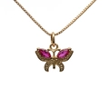 Gold butterfly pendant necklace with red marquise gems and micro-set cubic zirconia stones - Gold Plated Pink