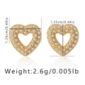 Golden heart stud earrings with sparkling cubic zirconia pavé detailing and sizing info - Hollow Gold Base Pave White Zirconia Heart