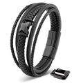 Black multilayer leather bracelet for men with black magnetic clasp and braided details - Five-layer X Style / Black