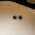 Detailed macro view of square black crystal stud earrings with a sparkling diamond halo - 40# Silver Earring Post - Silver - Square