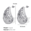 Silver teardrop earrings in woven texture stainless steel with size measurements - EH63 Weave Texture / Silver