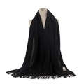 Black solid color faux cashmere winter warm tassel scarf for women daily wear detail view. - Black