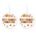 Detail showing round 5th grade teacher wood grain earrings with retro floral print - 5th Grade Teacher (Hook)