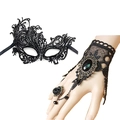 Detail of gothic black lace arm chain bracelet with dark faceted gemstone and ring - Set 1