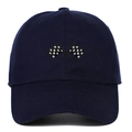 Detail of navy blue cotton baseball cap with embroidered racing checkered flags on front - Navy Blue