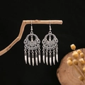 Bohemian tribal leaf tassel earrings in antique silver finish hanging on a wood branch - E5472-1/Bohemian Fang