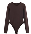 Detail view of dark brown long-sleeve bodysuit with round neck and premium elastic fabric - S / Coffee