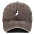 Close-up of a white ghost embroidery patch on a vintage washed brown baseball cap - One Size / Coffee