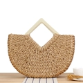 Minimalist beige straw handbag with V-shaped wooden handles for beach vacations - Camel