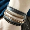 Multilayer leather bracelet set with brown beads and woven cords for men on wrist - Black Brown Rivet Braided Combination Style (015073435)