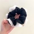 Lace scrunchie with black and white mesh fabric and gold pendant detail - Q705-1 Black White Patchwork Mesh