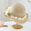 Elegant khaki straw sun hat with floral ribbon detail on a golden metal display stand - M(56-58cm) / Light Pink Flower Decoration - Light Khaki