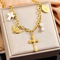 Bracelet religieux doré avec pendentifs croix et ange sur fond de satin de couleur champagne - Style Doré (XL01824-1)