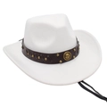 Detail of white cowboy hat featuring leather band with gold studs and horseshoe emblem - One Size / White