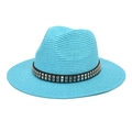 Blue fedora straw hat with double-row silver studs and black ribbon for summer beach wear - M (56-58cm) / Lake Blue