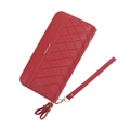 Women's long red quilted wallet with double zippers and detachable wristlet strap - Red