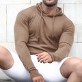 Men's brown slim-fit ribbed knit hoodie with adjustable drawstrings for fitness - M / Khaki
