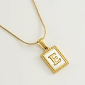 Gold stainless steel snake chain necklace with rectangle letter E mother of pearl pendant - E (With Chain)