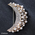 Elegant moon brooch with pearls and rhinestones, gold finish, 3.5x5cm size for suits - Crystal Moon