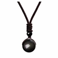 Polished black obsidian ball pendant necklace with handcrafted brown woven cord - Obsidian