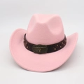 Pink western cowboy felt hat with leather strap and metal bull head buckle on white background - One Size / Pink (Rivet Bull Head)