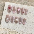 Pink cat eye handmade press-on nails with heart patterns and pearls set on stone - Extra Small (XS) / 1817 Medium Round Style