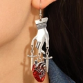Gothic skull heart earrings in antique silver and deep red resin finish - Sword Anatomical Heart (6418) / Antique Silver