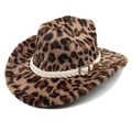 Close-up of leopard print faux fur texture and white woven rope band on western cowboy hat - M (56-58cm) / Light Brown Straight Crown