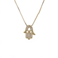 Detail of gold Hamsa hand pendant necklace with sparkling cubic zirconia and box chain - Clear CZ Hamsa Hand / Gold