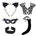 Black lace cat cosplay set with cat ears headband mask choker gloves and tail - Black Set Style 4 (5 Pcs) / Black
