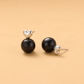 French retro heart shaped black pearl earrings with silver metallic stud design - Silver Heart + Black Bead / Black