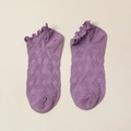 Light purple cotton crew socks featuring cute heart patterns and lettuce edge trim - One Size / Purple