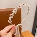 Elegant white lace flower headband with mesh petals and ribbon tie for girls - Apricot Rain