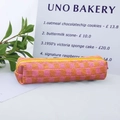 Pink and orange checkerboard knit pencil case with yellow zipper closure for students - Pink Orange Grid