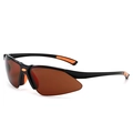 Sporty cycling sunglasses with black frames, orange accents, and brown protective lenses - Black Frame Tea Lens