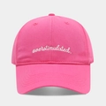Close-up of white embroidered overstimulated text on pink cotton baseball cap - Adjustable / Rose Red