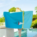 Sky blue quick dry beach towel with sailboat patterns and yellow stripes by the pool - Sailboat