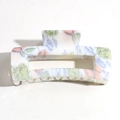 Rectangular hair claw clip with colorful floral ink wash patterns on translucent plastic - White Floral Print