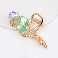 Elegant gold lotus flower hair claw clip with purple petals and green leaves - HS02637 Purple