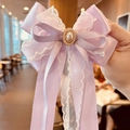 Handmade purple ribbon bow hair clip with lace detail and centered pearl for girls - Streamer Hair Clip / Light Purple