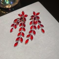 Exquisite red long tassel earrings with silver floral petals and leaf-shaped crystals - Silver Red Flower Tassel