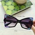 Detail shot of cat eye glasses showing 15cm width and 4.7cm height measurements - Black Blue Spotted Double Gray Lens