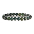 Moss agate natural stone beaded bracelet with 8mm round green beads on white background - Moss Agate