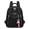 Black oxford fabric backpack with golden logo and cute brown teddy bear keychain - Black With Pendant