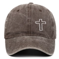 Detail view of white cross embroidery on vintage washed cotton baseball cap fabric - Adjustable / Coffee