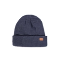 Detailed view of the rib-knit texture and brown leather patch on the navy winter beanie - M (56-58cm) / Denim Blue