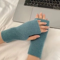 Blue knitted fingerless gloves for typing with warm ribbed texture and screen-friendly design - One Size / Blue