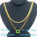 Collana a doppio strato dorata con catena cubana, piattina e gemma verde rettangolo - Ciondolo in Pietra Preziosa Verde Oro (KN287601-GC)
