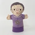 Grandmother plush hand puppet toy in purple floral shirt with glasses for role play - 25cm Half-body Grandma