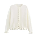 Detail of white knit cardigan with ruffle trim edges and matching button closure - S / White